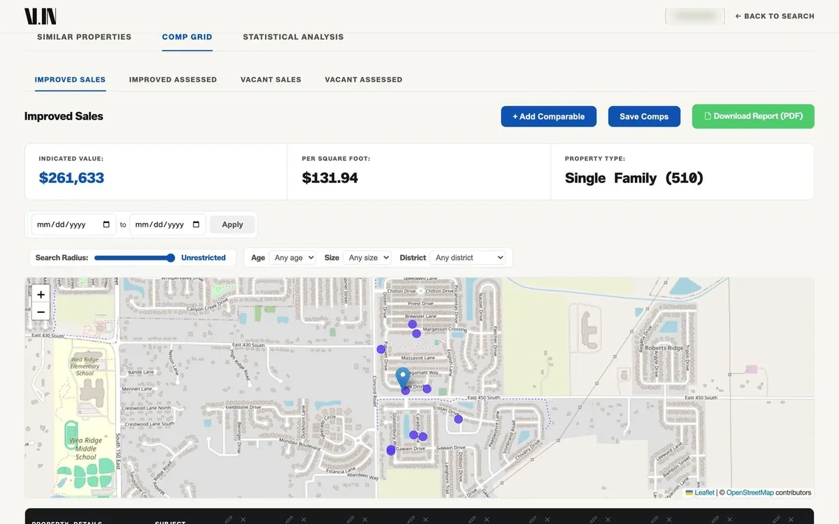 Value Indiana comparable-property grid and map