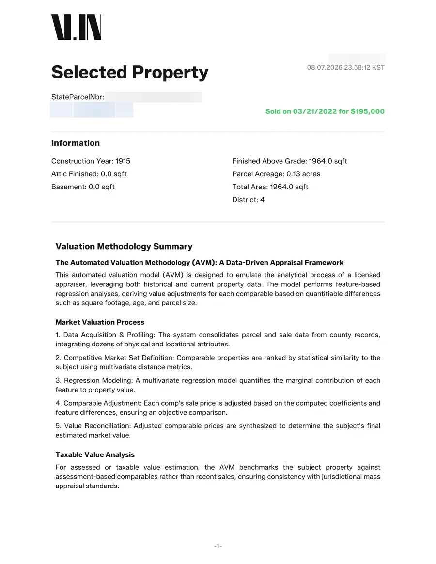 Value Indiana report cover with subject facts and valuation-methodology summary